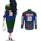 Personalized New Zealand Warriors Couples Matching Off The Shoulder Long Sleeve Dress and Long Sleeve Button Shirt Aboriginal Dot Art - Dreamtime Rugby Mascot