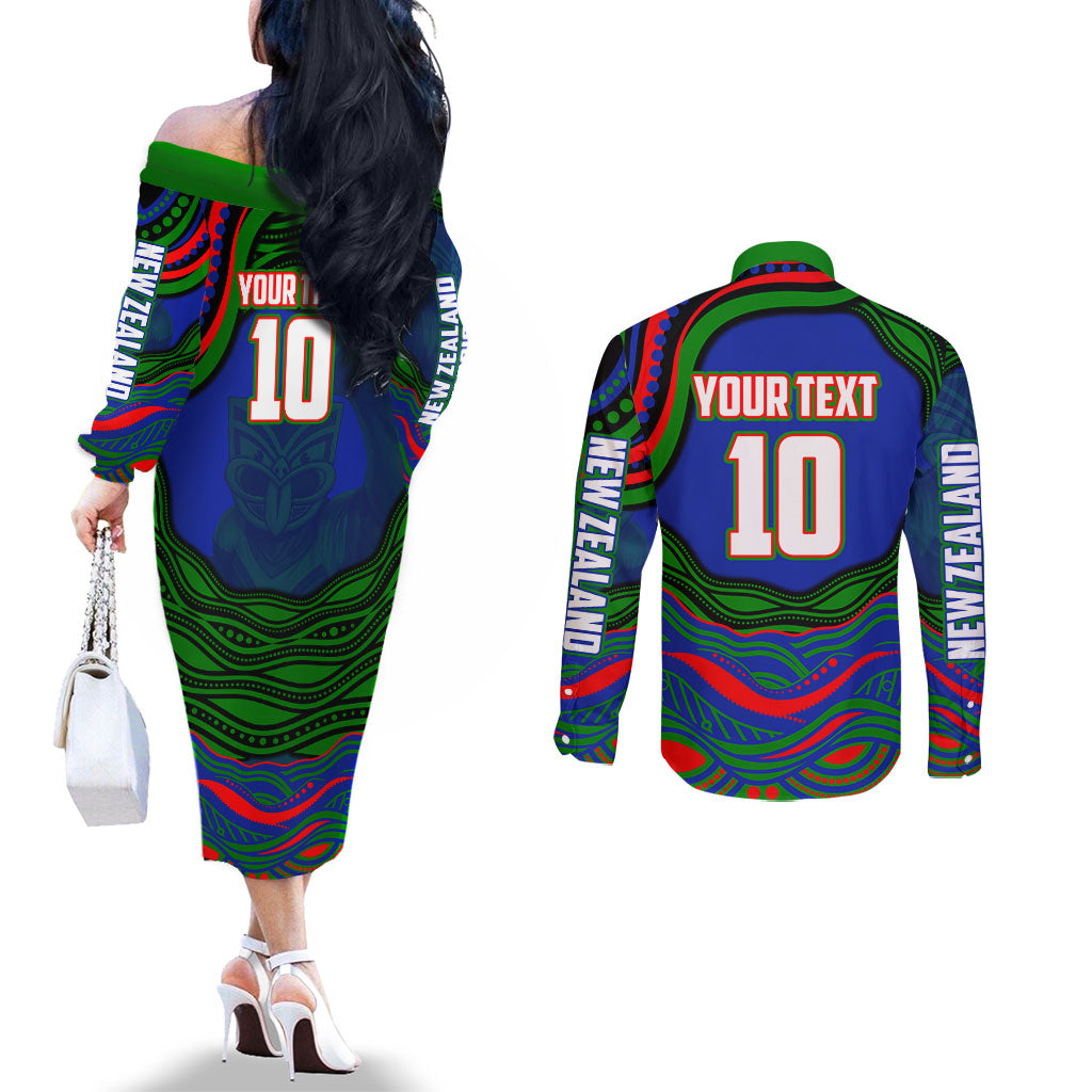 Personalized New Zealand Warriors Couples Matching Off The Shoulder Long Sleeve Dress and Long Sleeve Button Shirt Aboriginal Dot Art - Dreamtime Rugby Mascot