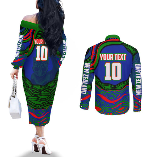 Personalized New Zealand Warriors Couples Matching Off The Shoulder Long Sleeve Dress and Long Sleeve Button Shirt Aboriginal Dot Art - Dreamtime Rugby Mascot