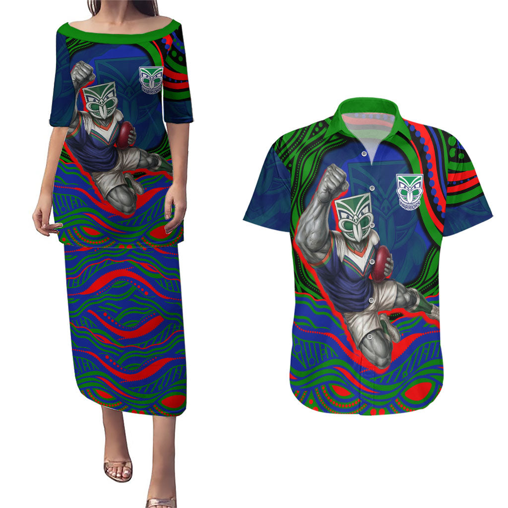 Personalized New Zealand Warriors Couples Matching Puletasi and Hawaiian Shirt Aboriginal Dot Art - Dreamtime Rugby Mascot