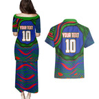 Personalized New Zealand Warriors Couples Matching Puletasi and Hawaiian Shirt Aboriginal Dot Art - Dreamtime Rugby Mascot