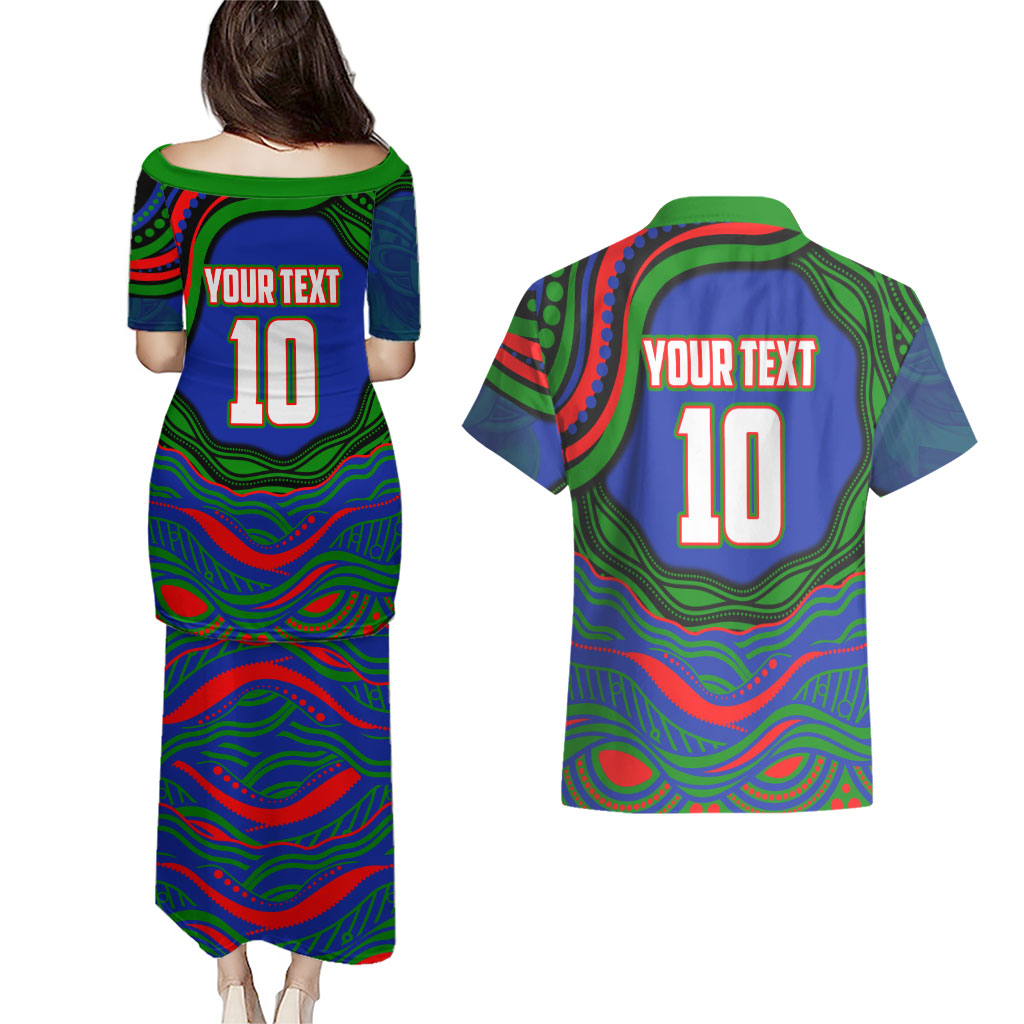 Personalized New Zealand Warriors Couples Matching Puletasi and Hawaiian Shirt Aboriginal Dot Art - Dreamtime Rugby Mascot