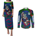 Personalized New Zealand Warriors Couples Matching Puletasi and Long Sleeve Button Shirt Aboriginal Dot Art - Dreamtime Rugby Mascot
