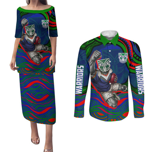 Personalized New Zealand Warriors Couples Matching Puletasi and Long Sleeve Button Shirt Aboriginal Dot Art - Dreamtime Rugby Mascot