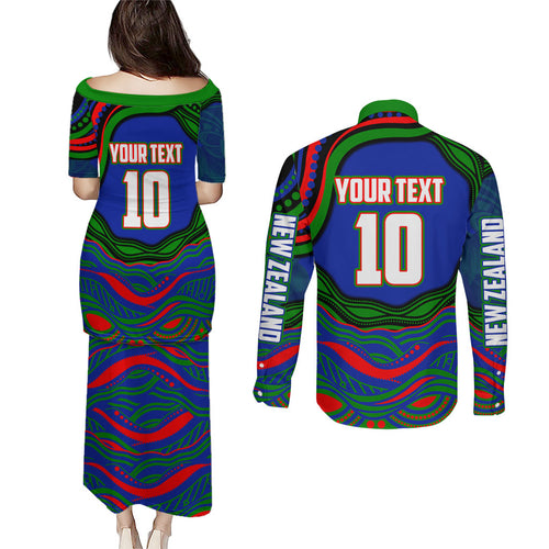 Personalized New Zealand Warriors Couples Matching Puletasi and Long Sleeve Button Shirt Aboriginal Dot Art - Dreamtime Rugby Mascot