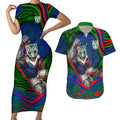 Personalized New Zealand Warriors Couples Matching Short Sleeve Bodycon Dress and Hawaiian Shirt Aboriginal Dot Art - Dreamtime Rugby Mascot