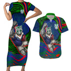 Personalized New Zealand Warriors Couples Matching Short Sleeve Bodycon Dress and Hawaiian Shirt Aboriginal Dot Art - Dreamtime Rugby Mascot