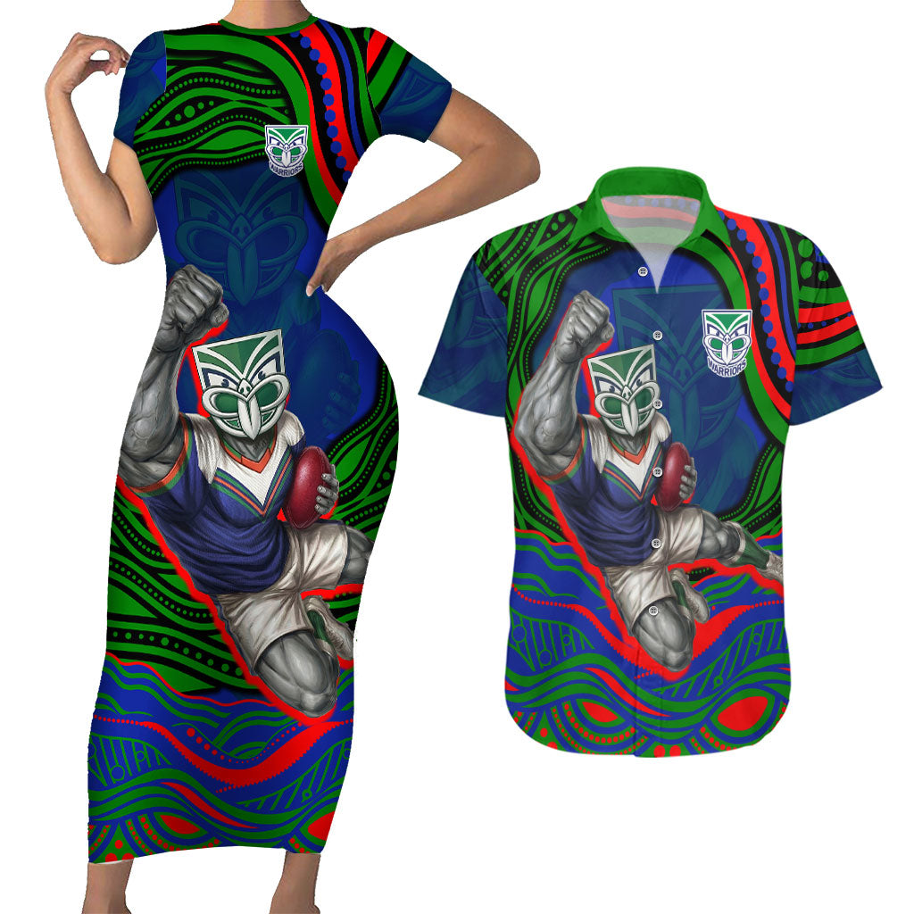 Personalized New Zealand Warriors Couples Matching Short Sleeve Bodycon Dress and Hawaiian Shirt Aboriginal Dot Art - Dreamtime Rugby Mascot