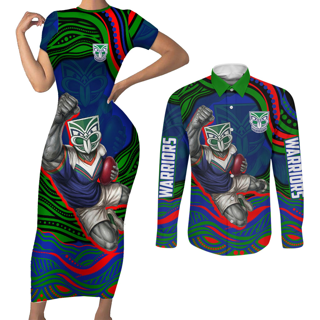 Personalized New Zealand Warriors Couples Matching Short Sleeve Bodycon Dress and Long Sleeve Button Shirt Aboriginal Dot Art - Dreamtime Rugby Mascot