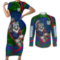 Personalized New Zealand Warriors Couples Matching Short Sleeve Bodycon Dress and Long Sleeve Button Shirt Aboriginal Dot Art - Dreamtime Rugby Mascot