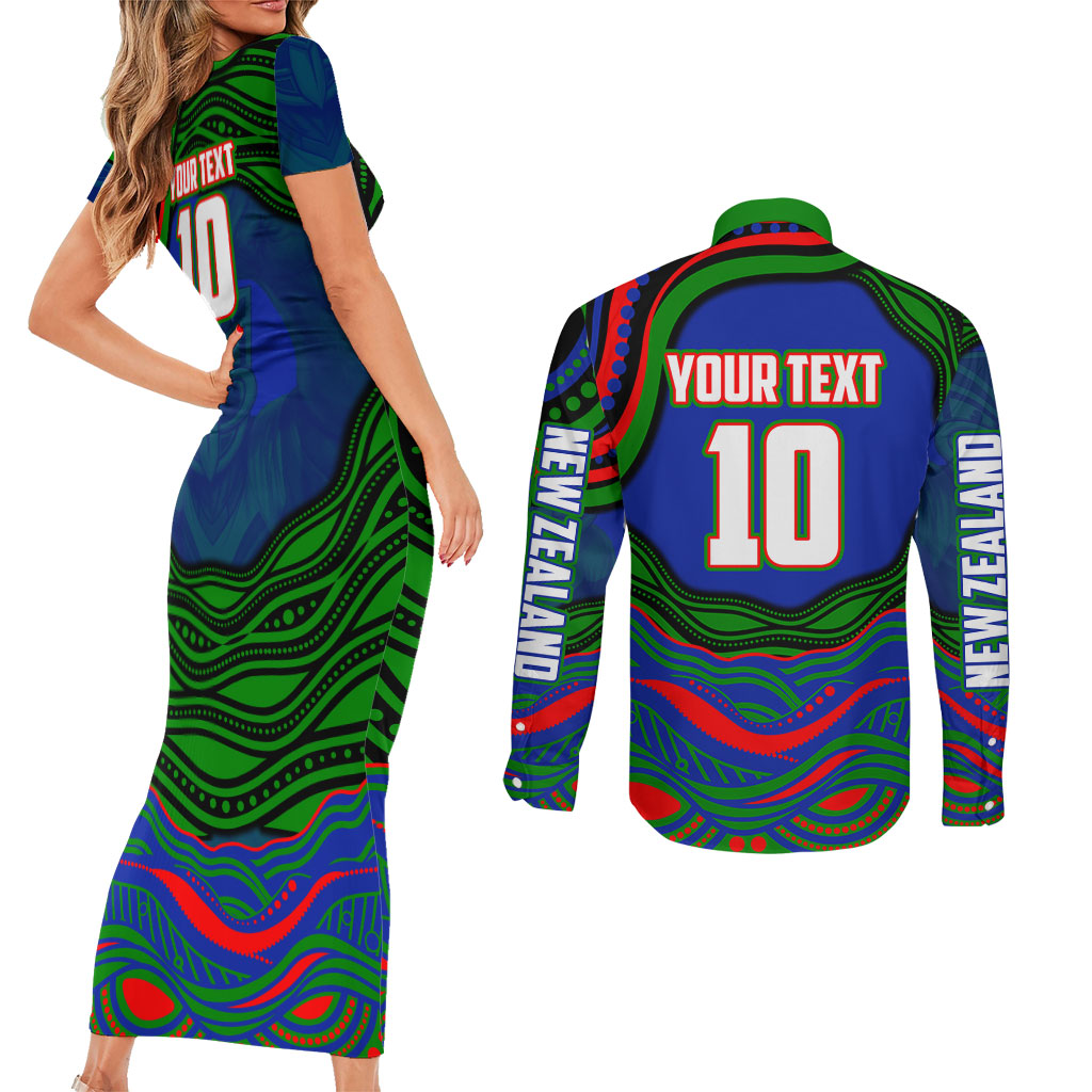 Personalized New Zealand Warriors Couples Matching Short Sleeve Bodycon Dress and Long Sleeve Button Shirt Aboriginal Dot Art - Dreamtime Rugby Mascot