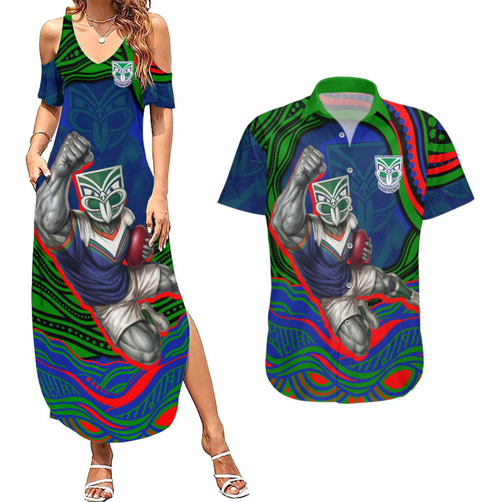 Personalized New Zealand Warriors Couples Matching Summer Maxi Dress and Hawaiian Shirt Aboriginal Dot Art - Dreamtime Rugby Mascot