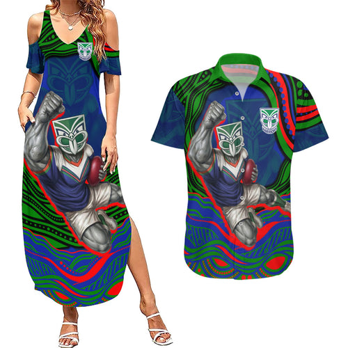 Personalized New Zealand Warriors Couples Matching Summer Maxi Dress and Hawaiian Shirt Aboriginal Dot Art - Dreamtime Rugby Mascot