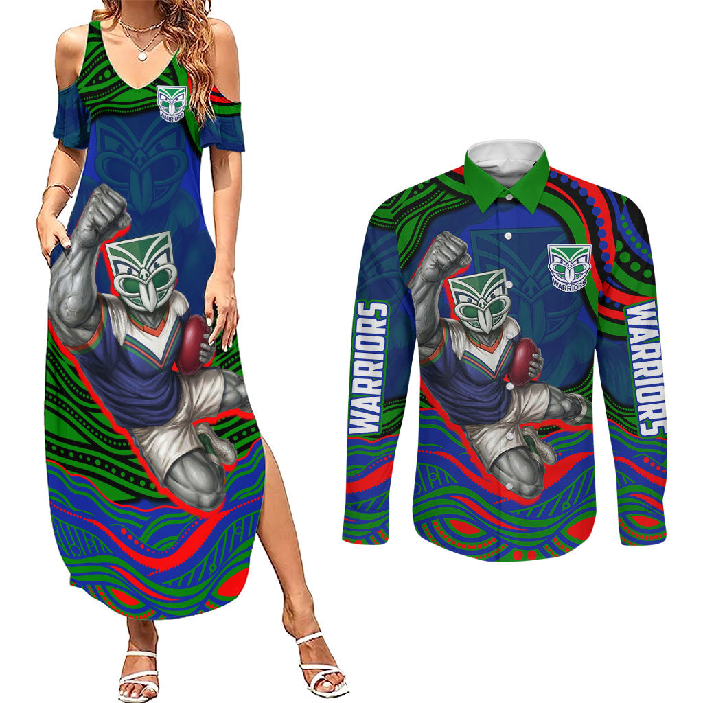 Personalized New Zealand Warriors Couples Matching Summer Maxi Dress and Long Sleeve Button Shirt Aboriginal Dot Art - Dreamtime Rugby Mascot