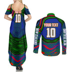 Personalized New Zealand Warriors Couples Matching Summer Maxi Dress and Long Sleeve Button Shirt Aboriginal Dot Art - Dreamtime Rugby Mascot