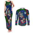 Personalized New Zealand Warriors Couples Matching Tank Maxi Dress and Long Sleeve Button Shirt Aboriginal Dot Art - Dreamtime Rugby Mascot