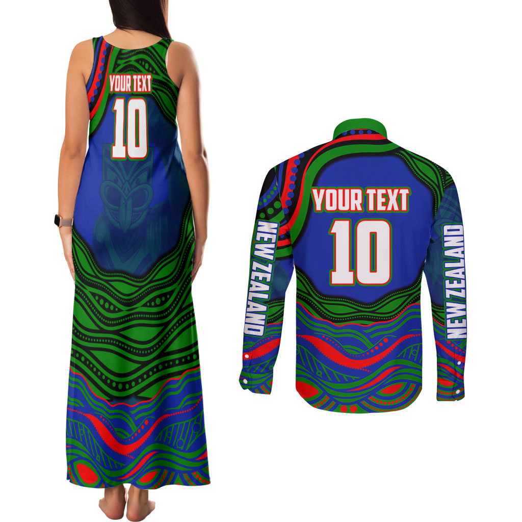 Personalized New Zealand Warriors Couples Matching Tank Maxi Dress and Long Sleeve Button Shirt Aboriginal Dot Art - Dreamtime Rugby Mascot
