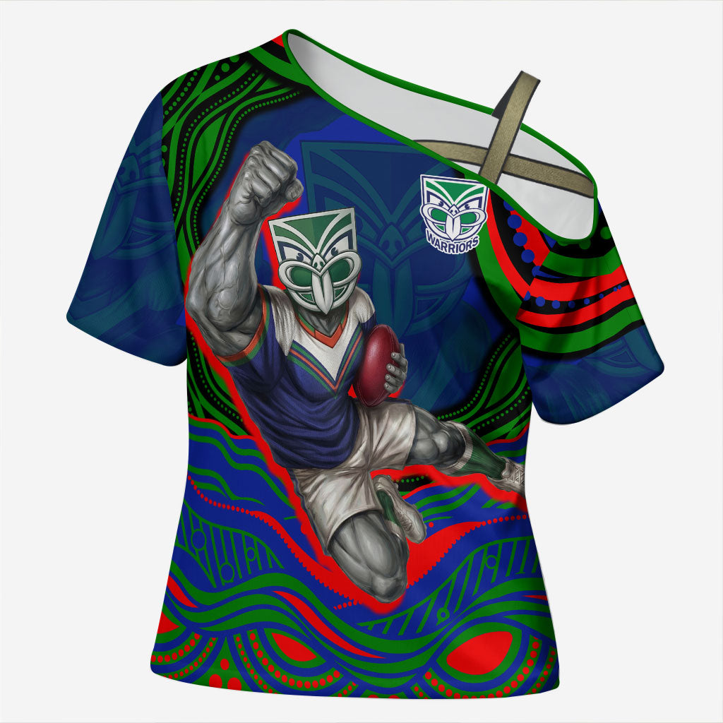 Personalized New Zealand Warriors Cross Shoulder Shirt Aboriginal Dot Art - Dreamtime Rugby Mascot