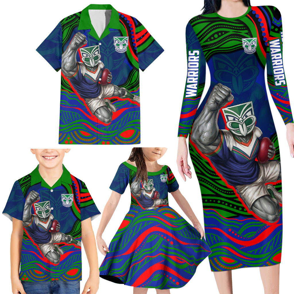 Personalized New Zealand Warriors Family Matching Long Sleeve Bodycon Dress and Hawaiian Shirt Aboriginal Dot Art - Dreamtime Rugby Mascot