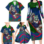 Personalized New Zealand Warriors Family Matching Long Sleeve Bodycon Dress and Hawaiian Shirt Aboriginal Dot Art - Dreamtime Rugby Mascot