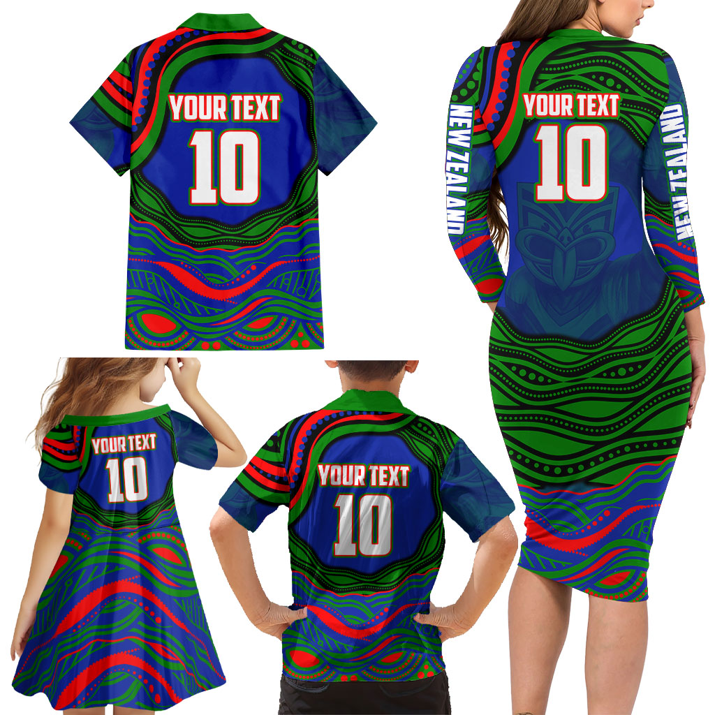 Personalized New Zealand Warriors Family Matching Long Sleeve Bodycon Dress and Hawaiian Shirt Aboriginal Dot Art - Dreamtime Rugby Mascot