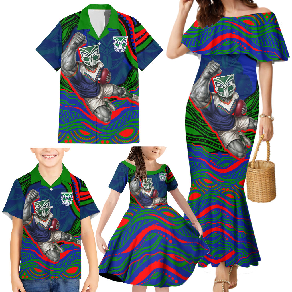 Personalized New Zealand Warriors Family Matching Mermaid Dress and Hawaiian Shirt Aboriginal Dot Art - Dreamtime Rugby Mascot