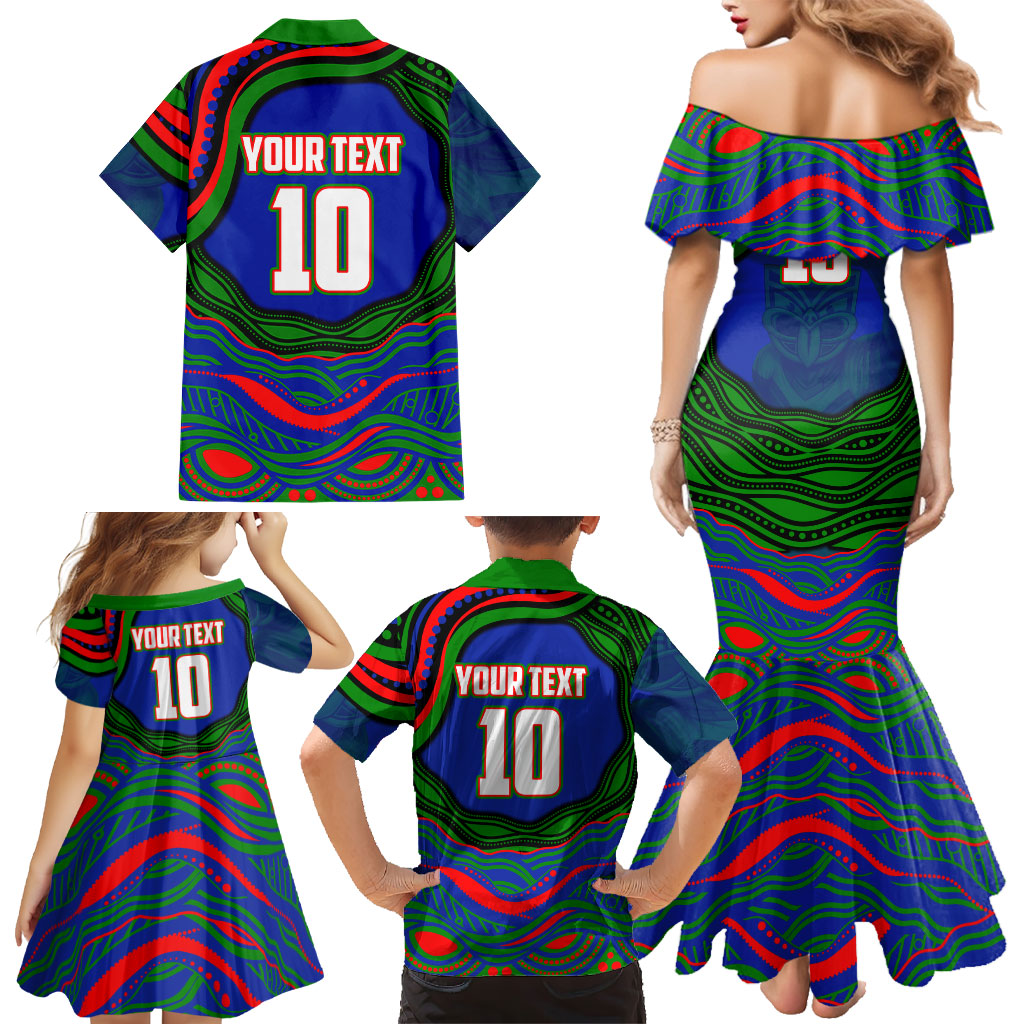 Personalized New Zealand Warriors Family Matching Mermaid Dress and Hawaiian Shirt Aboriginal Dot Art - Dreamtime Rugby Mascot