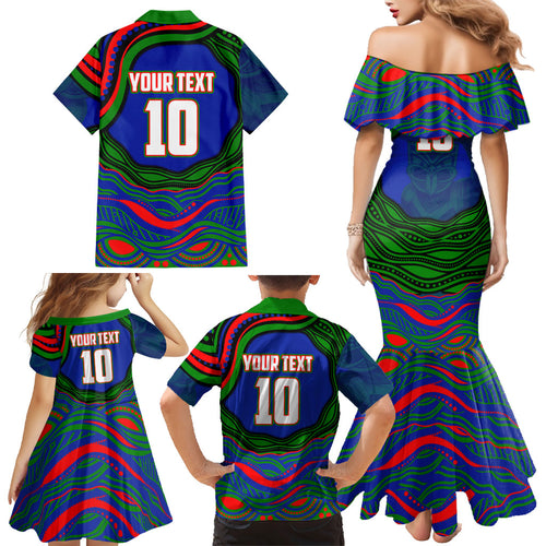 Personalized New Zealand Warriors Family Matching Mermaid Dress and Hawaiian Shirt Aboriginal Dot Art - Dreamtime Rugby Mascot