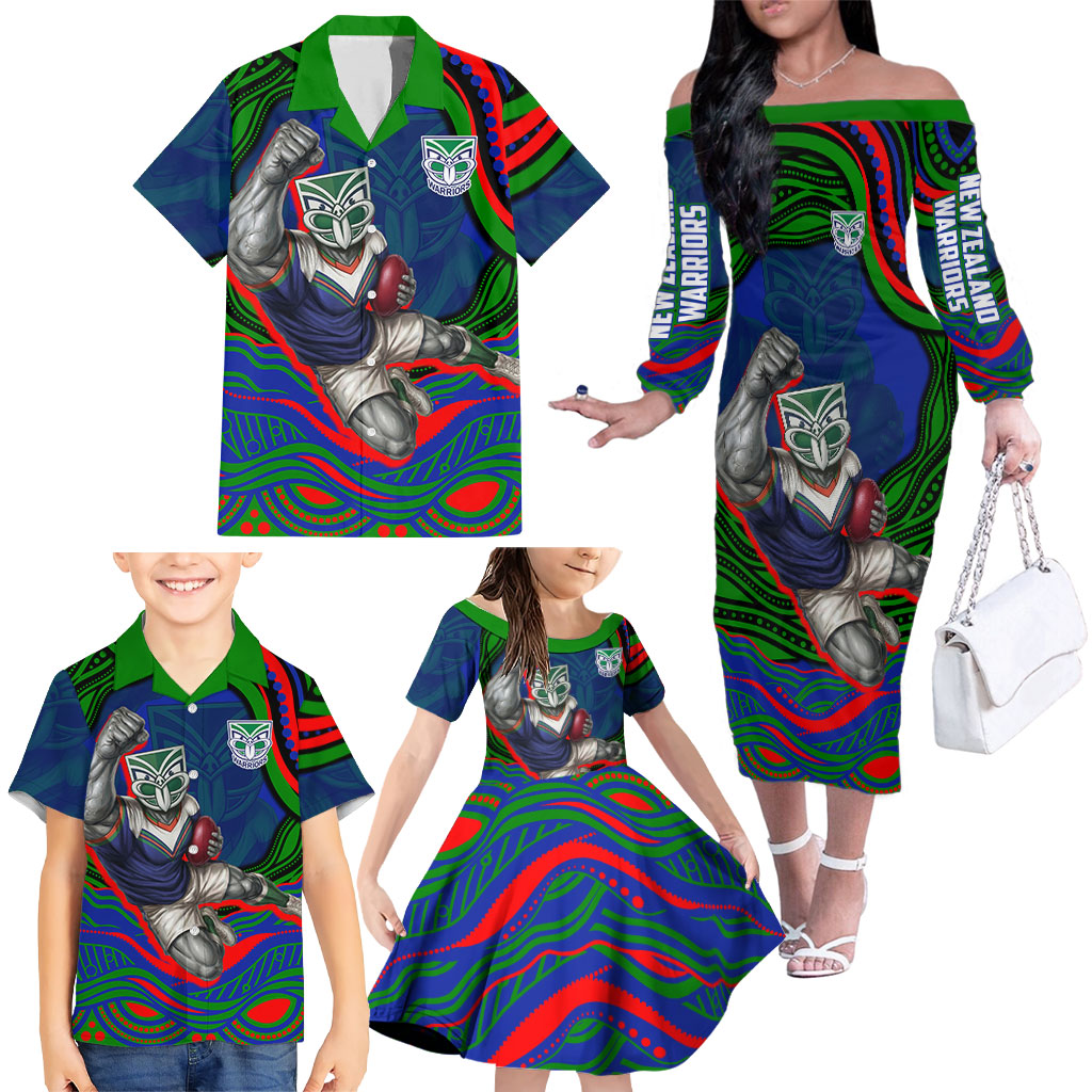 Personalized New Zealand Warriors Family Matching Off The Shoulder Long Sleeve Dress and Hawaiian Shirt Aboriginal Dot Art - Dreamtime Rugby Mascot