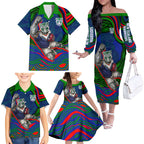 Personalized New Zealand Warriors Family Matching Off The Shoulder Long Sleeve Dress and Hawaiian Shirt Aboriginal Dot Art - Dreamtime Rugby Mascot