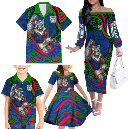 Personalized New Zealand Warriors Family Matching Off The Shoulder Long Sleeve Dress and Hawaiian Shirt Aboriginal Dot Art - Dreamtime Rugby Mascot