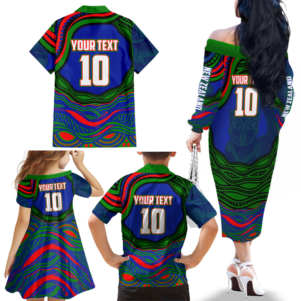 Personalized New Zealand Warriors Family Matching Off The Shoulder Long Sleeve Dress and Hawaiian Shirt Aboriginal Dot Art - Dreamtime Rugby Mascot