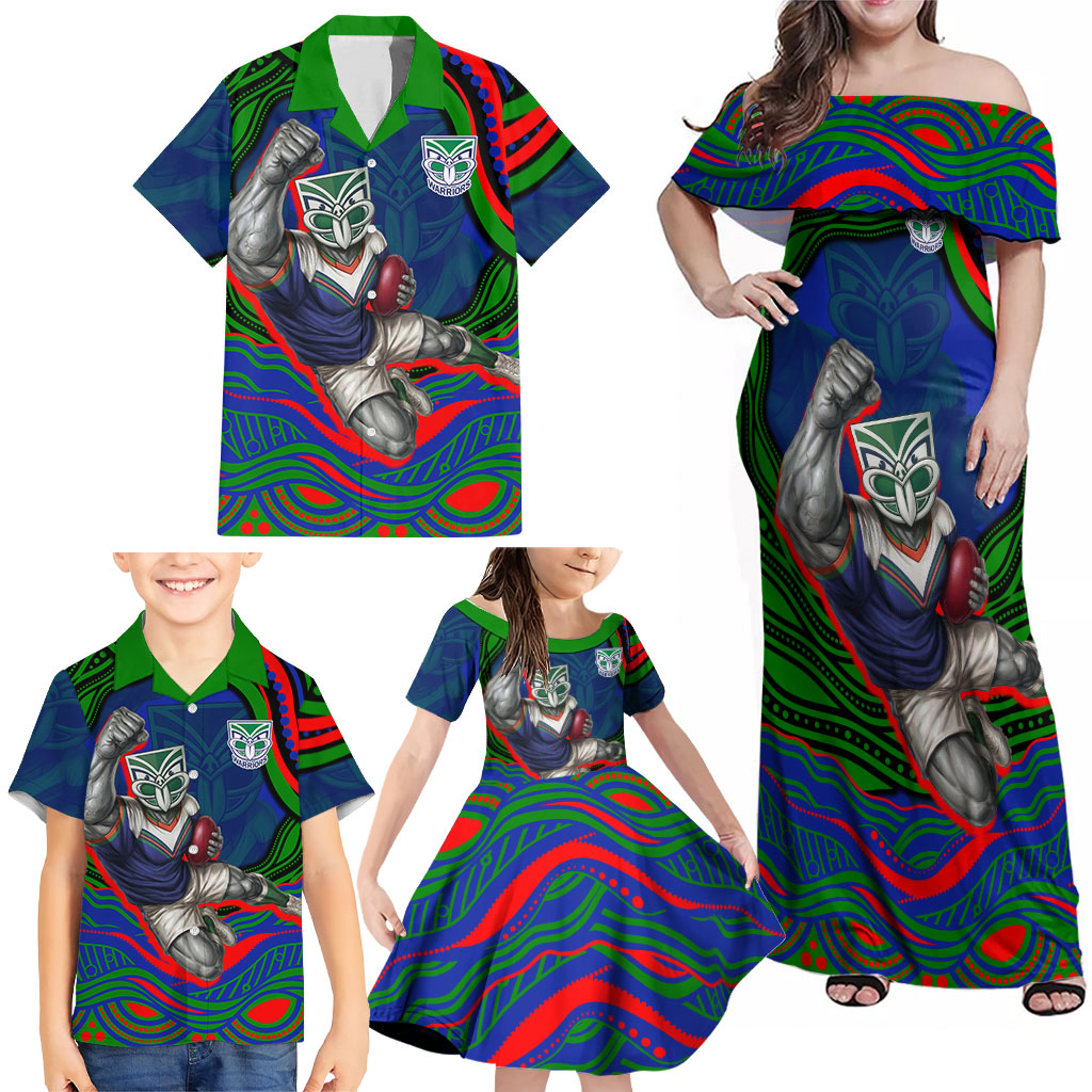 Personalized New Zealand Warriors Family Matching Off Shoulder Maxi Dress and Hawaiian Shirt Aboriginal Dot Art - Dreamtime Rugby Mascot