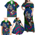 Personalized New Zealand Warriors Family Matching Off Shoulder Maxi Dress and Hawaiian Shirt Aboriginal Dot Art - Dreamtime Rugby Mascot
