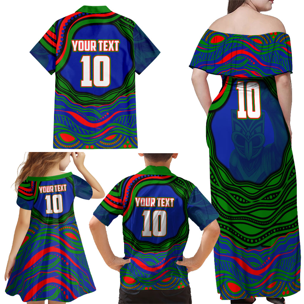 Personalized New Zealand Warriors Family Matching Off Shoulder Maxi Dress and Hawaiian Shirt Aboriginal Dot Art - Dreamtime Rugby Mascot