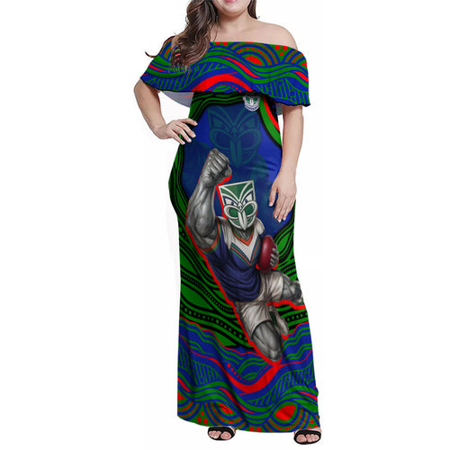 Personalized New Zealand Warriors Family Matching Off Shoulder Maxi Dress and Hawaiian Shirt Aboriginal Dot Art - Dreamtime Rugby Mascot