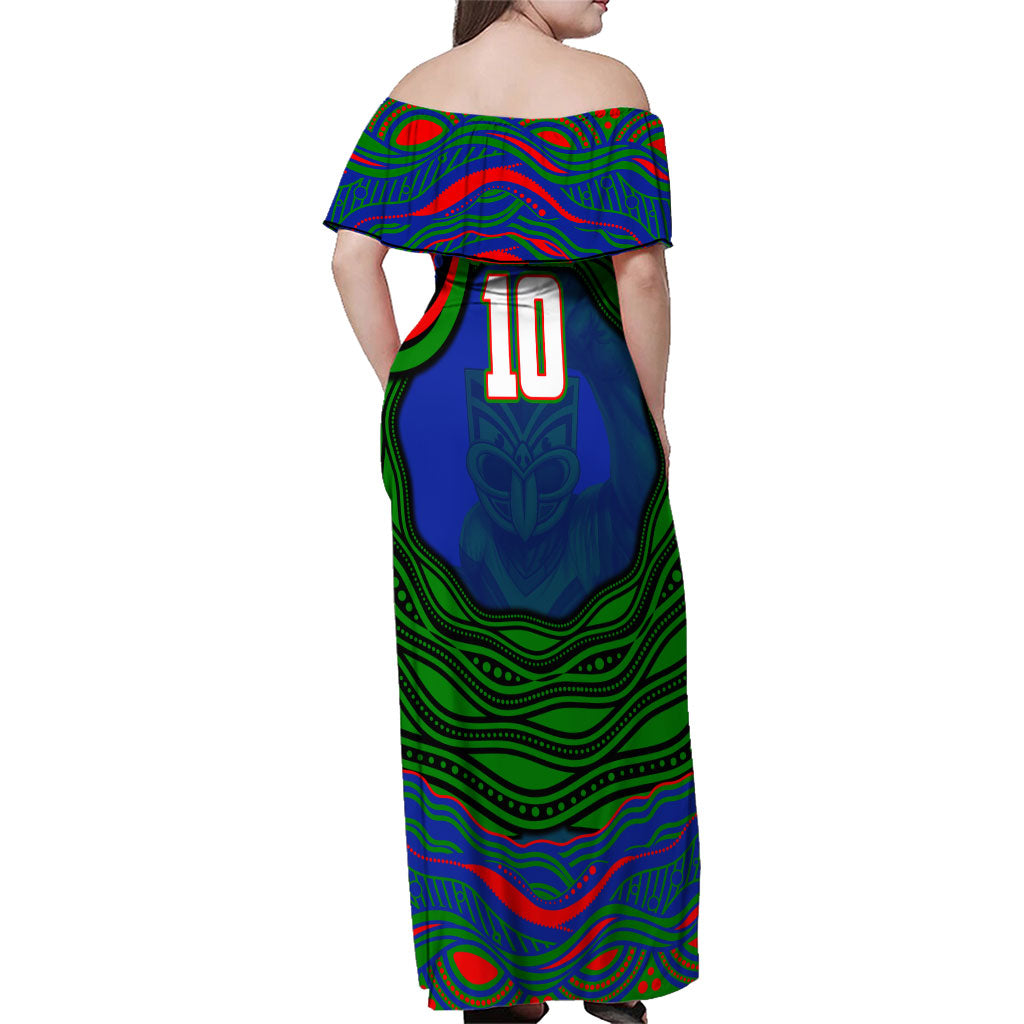 Personalized New Zealand Warriors Family Matching Off Shoulder Maxi Dress and Hawaiian Shirt Aboriginal Dot Art - Dreamtime Rugby Mascot