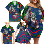 Personalized New Zealand Warriors Family Matching Off Shoulder Short Dress and Hawaiian Shirt Aboriginal Dot Art - Dreamtime Rugby Mascot