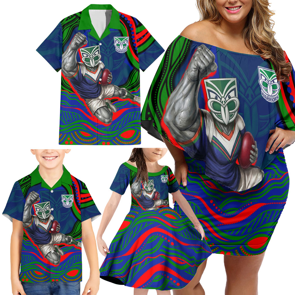 Personalized New Zealand Warriors Family Matching Off Shoulder Short Dress and Hawaiian Shirt Aboriginal Dot Art - Dreamtime Rugby Mascot