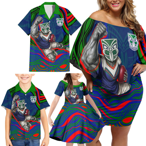Personalized New Zealand Warriors Family Matching Off Shoulder Short Dress and Hawaiian Shirt Aboriginal Dot Art - Dreamtime Rugby Mascot