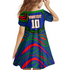 Personalized New Zealand Warriors Family Matching Off Shoulder Short Dress and Hawaiian Shirt Aboriginal Dot Art - Dreamtime Rugby Mascot