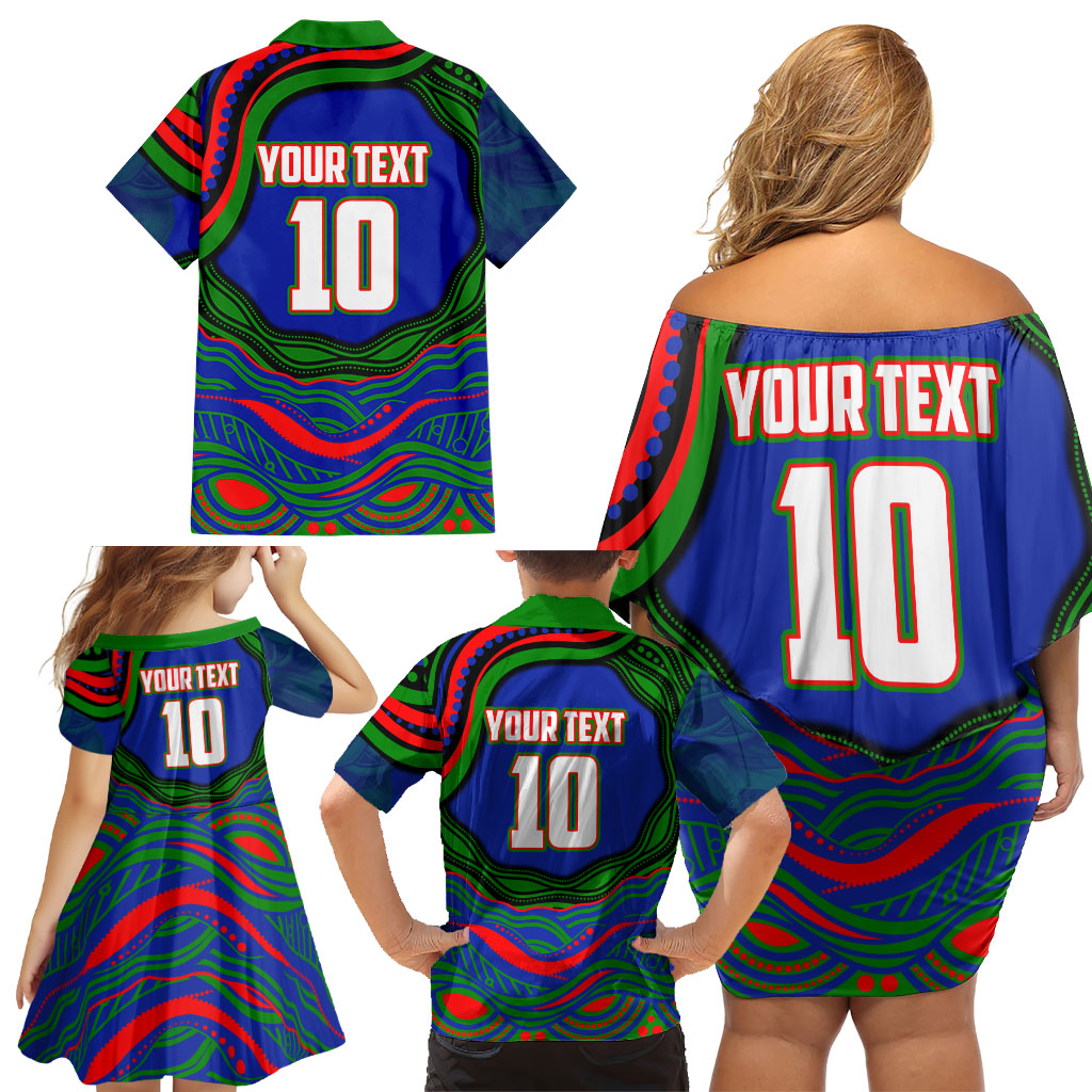 Personalized New Zealand Warriors Family Matching Off Shoulder Short Dress and Hawaiian Shirt Aboriginal Dot Art - Dreamtime Rugby Mascot