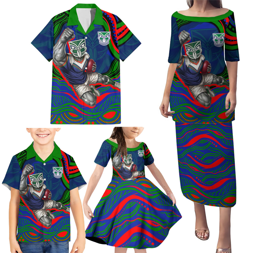 Personalized New Zealand Warriors Family Matching Puletasi and Hawaiian Shirt Aboriginal Dot Art - Dreamtime Rugby Mascot