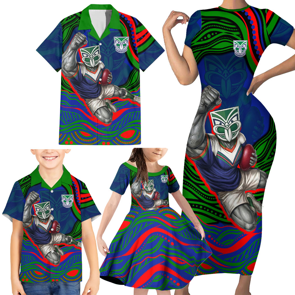 Personalized New Zealand Warriors Family Matching Short Sleeve Bodycon Dress and Hawaiian Shirt Aboriginal Dot Art - Dreamtime Rugby Mascot