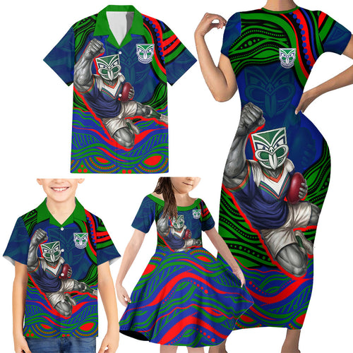 Personalized New Zealand Warriors Family Matching Short Sleeve Bodycon Dress and Hawaiian Shirt Aboriginal Dot Art - Dreamtime Rugby Mascot