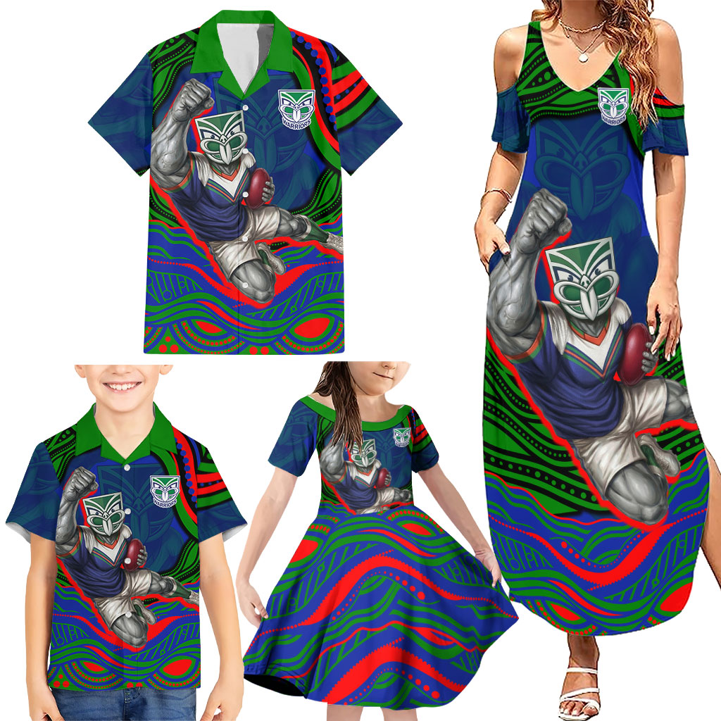 Personalized New Zealand Warriors Family Matching Summer Maxi Dress and Hawaiian Shirt Aboriginal Dot Art - Dreamtime Rugby Mascot