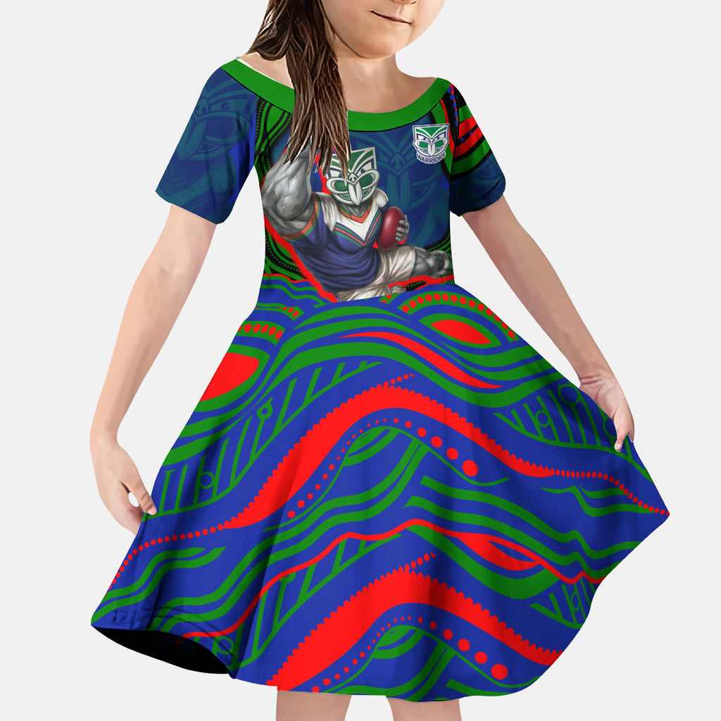 Personalized New Zealand Warriors Kid Short Sleeve Dress Aboriginal Dot Art - Dreamtime Rugby Mascot