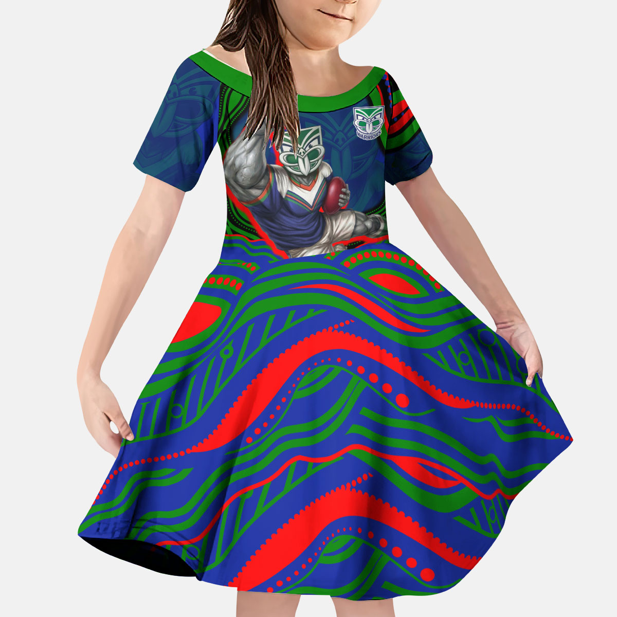 Personalized New Zealand Warriors Kid Short Sleeve Dress Aboriginal Dot Art - Dreamtime Rugby Mascot