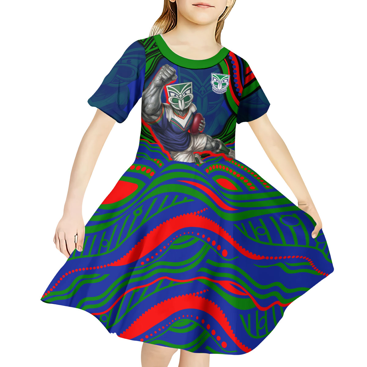 Personalized New Zealand Warriors Kid Short Sleeve Dress Aboriginal Dot Art - Dreamtime Rugby Mascot