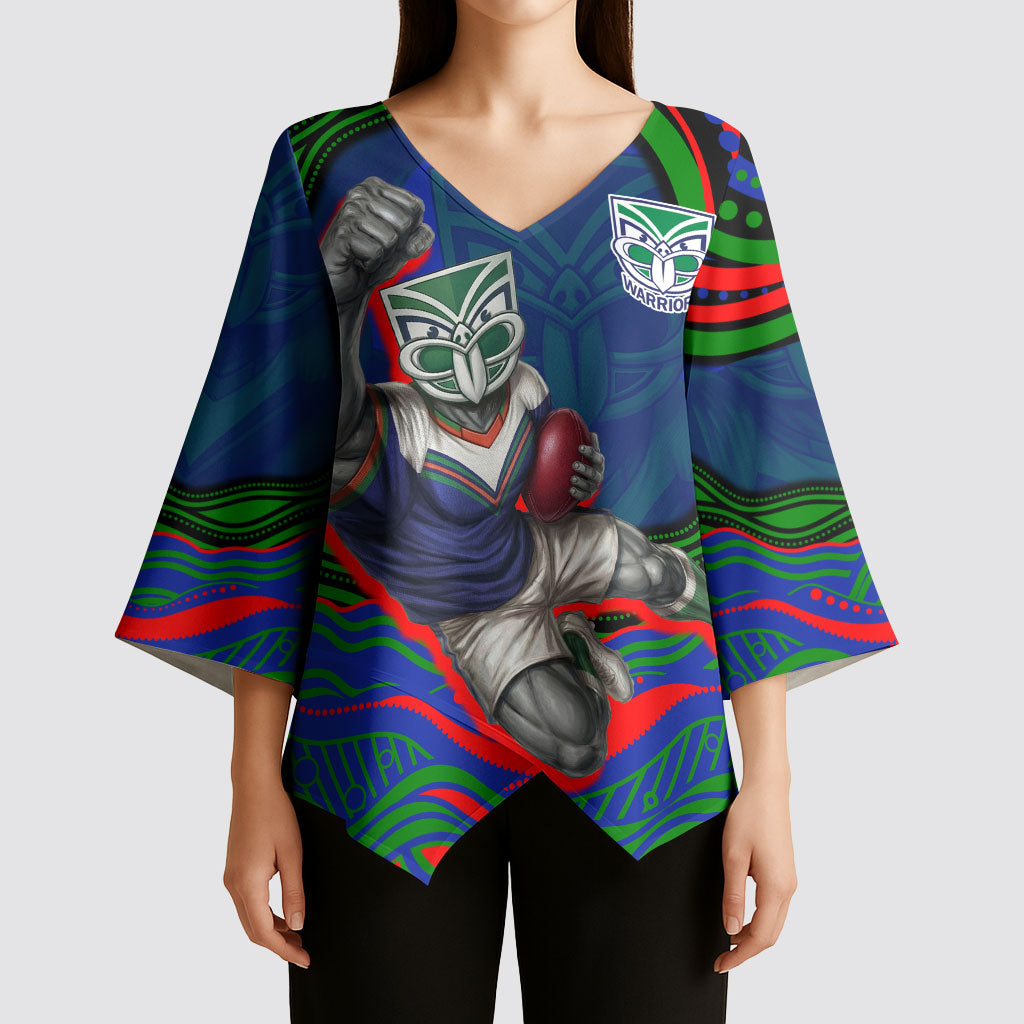 Personalized New Zealand Warriors Kimono Sleeve Blouse Aboriginal Dot Art - Dreamtime Rugby Mascot